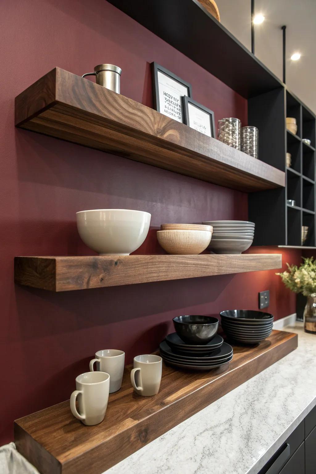 Elevate your kitchen space with handcrafted floating shelves, where style meets function.