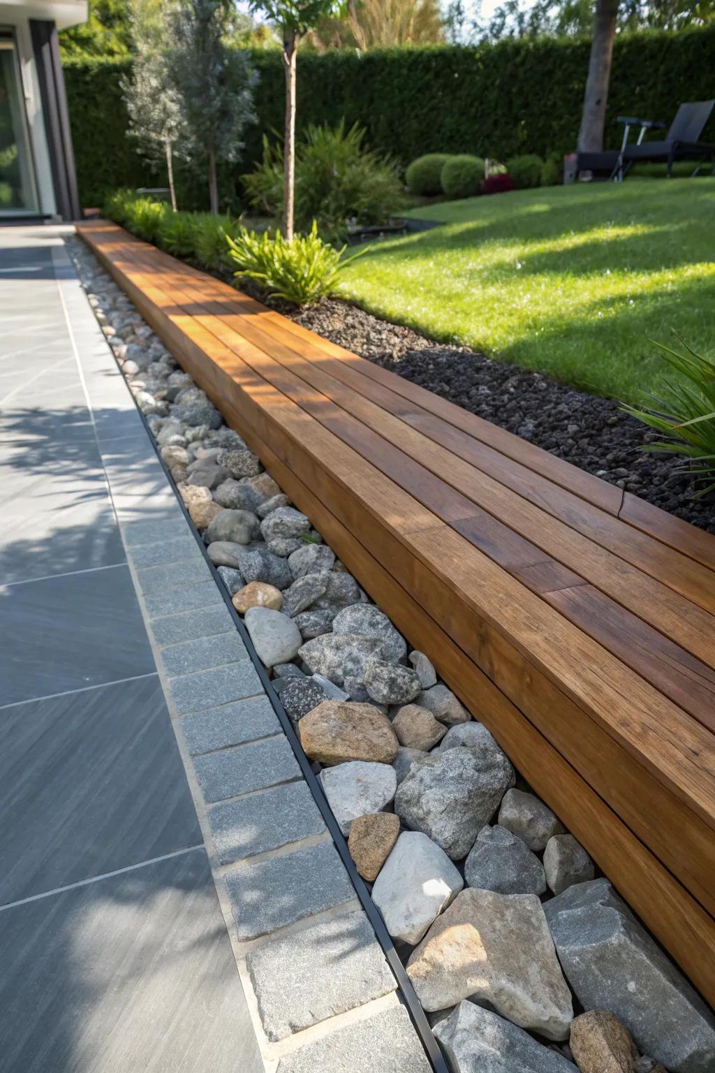 Elevate your garden with the perfect blend of wood and stone for a striking and sophisticated edge.