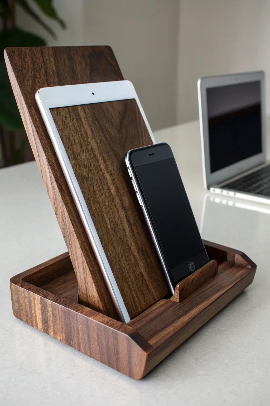 Elevate your workspace with a handcrafted wooden stand, merging functionality with timeless style.