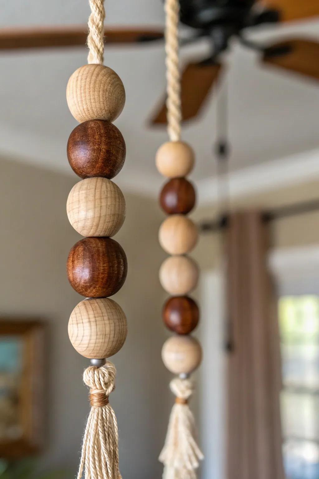 Elevate your space with handcrafted wooden bead light pulls that blend boho charm with Scandinavian simplicity.