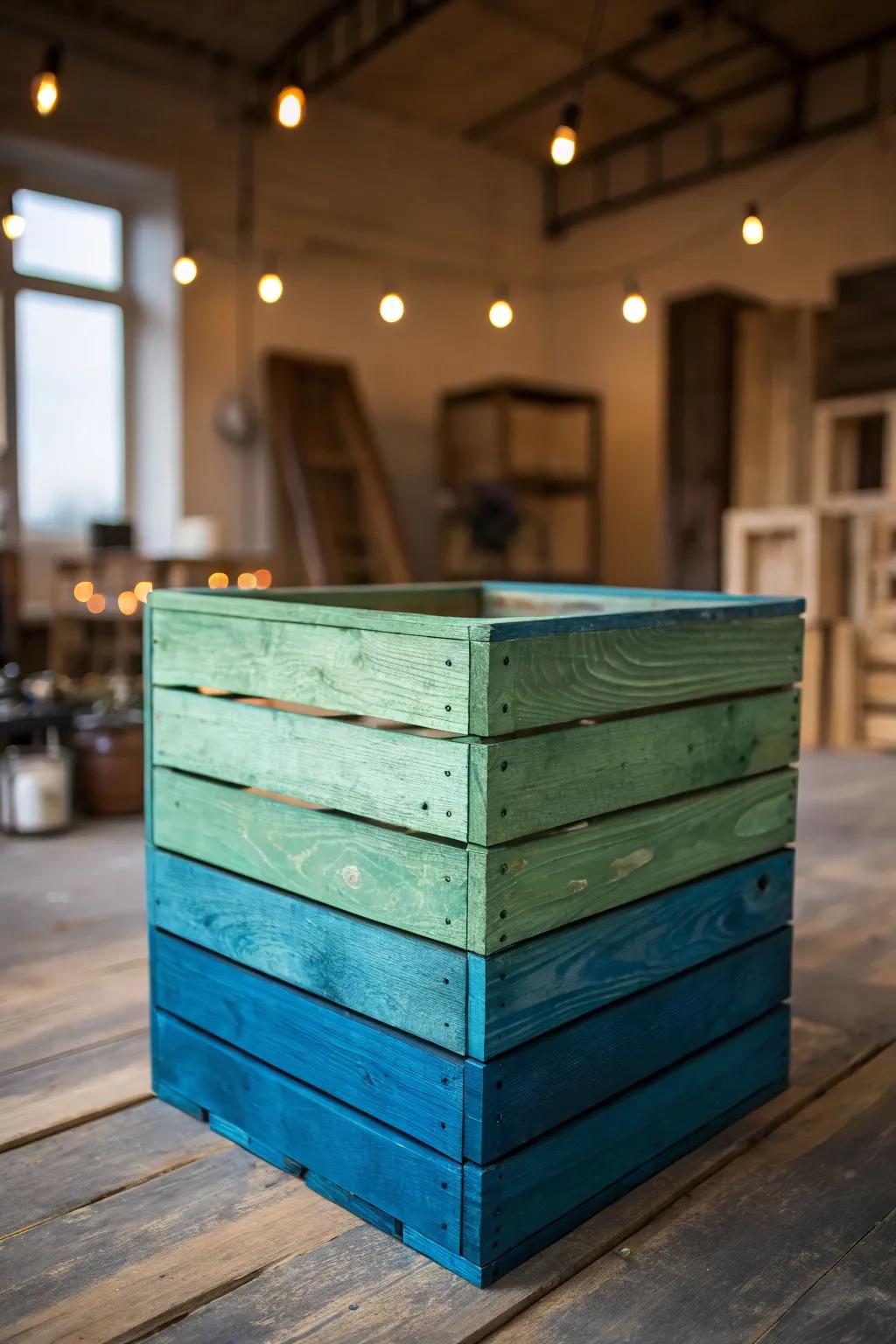 Transform your space with the calming hues of a gradient-painted wooden crate, perfect for adding a touch of tranquility to any studio.