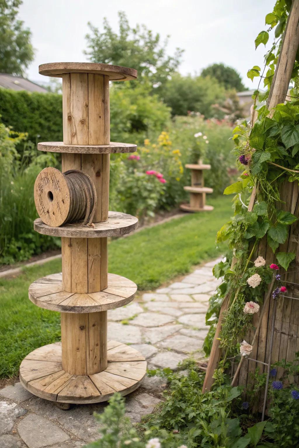 Elevate your garden's charm with this eco-friendly wooden spool sculpture that doubles as a trellis.