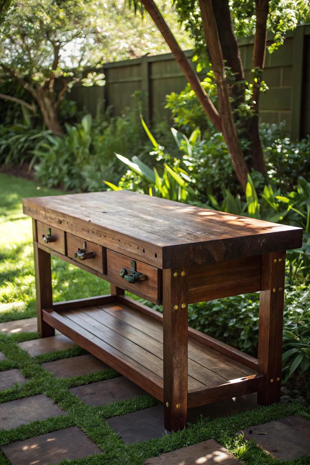 Craftsmanship in the open air: a weather-resistant workbench built to last.