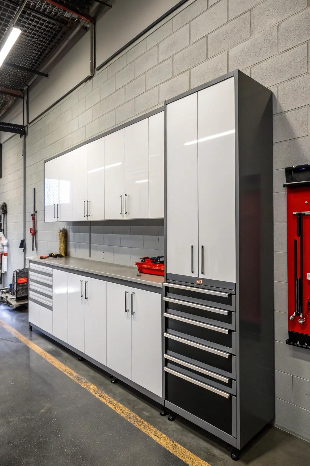 Floating cabinets provide modern storage while keeping floors clear.