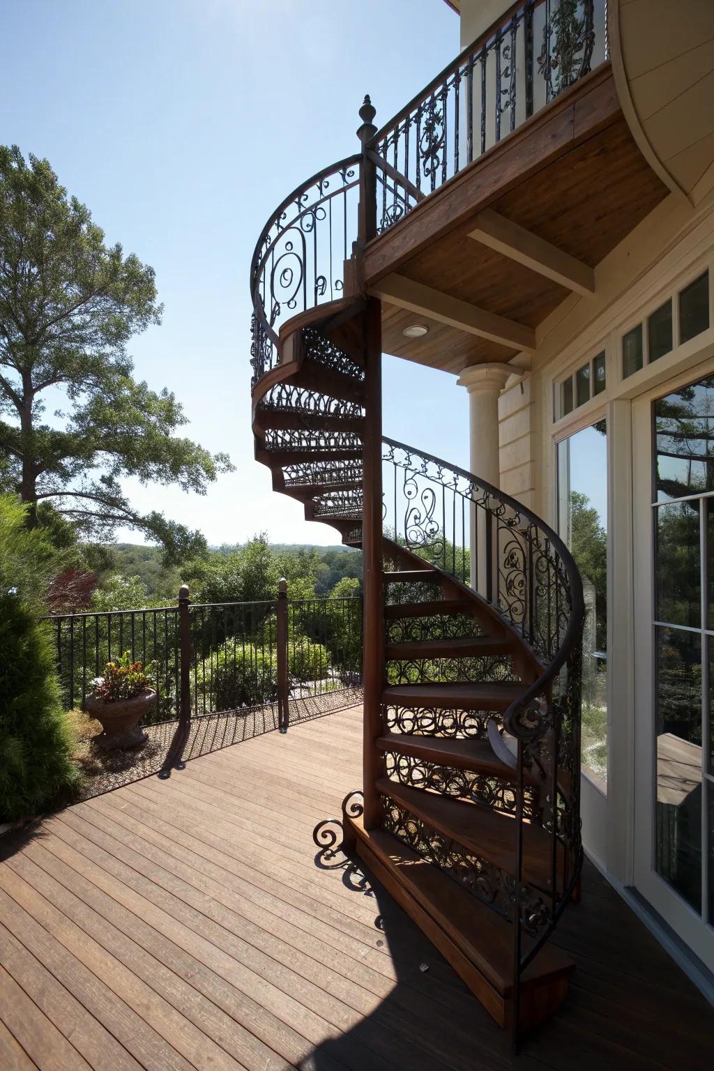 Elevate your deck design with the timeless elegance of a spiral staircase.