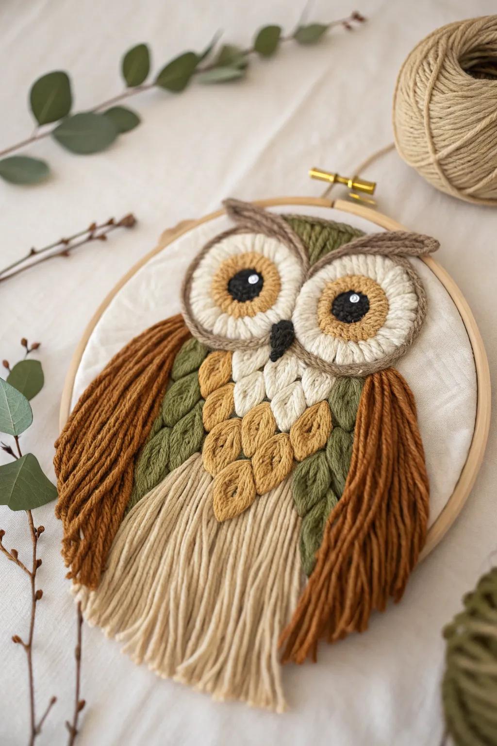 Captivate your creativity with this stunning yarn owl portrait, where artistry meets craftsmanship.