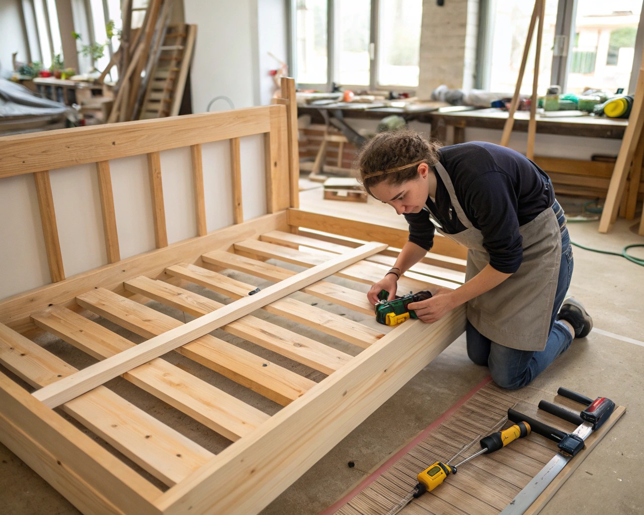 A craftsman assembling the wooden frame of a bohemian daybed.