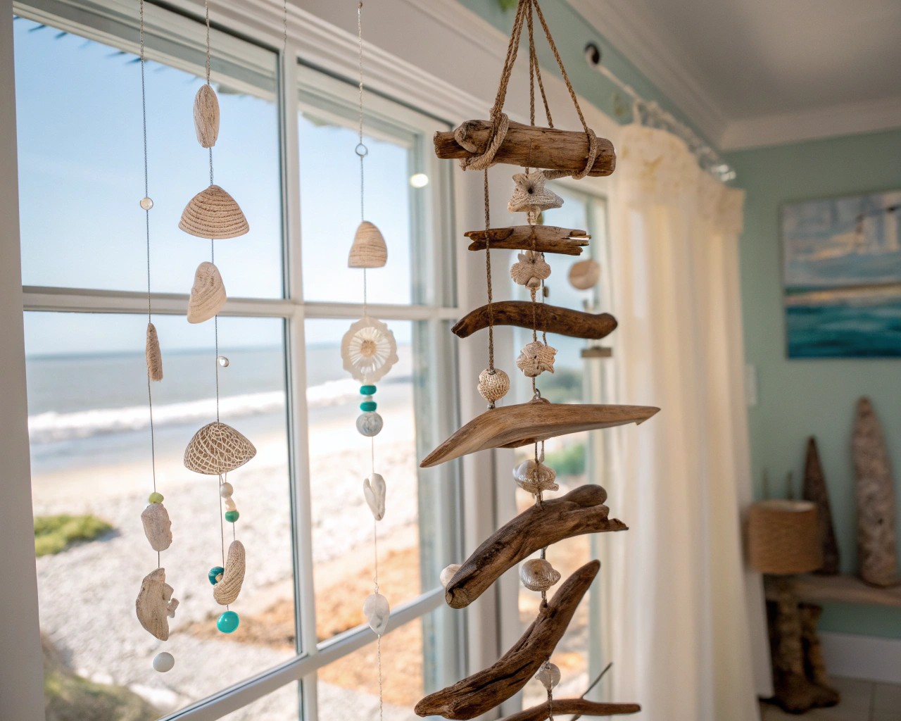 A driftwood and shell mobile captures the essence of the coast in a homely environment.
