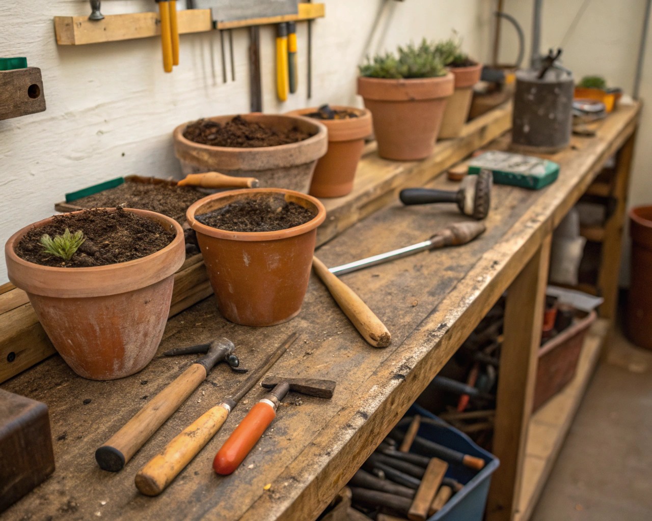A variety of tools needed to assemble the side table from terra cotta and wood.