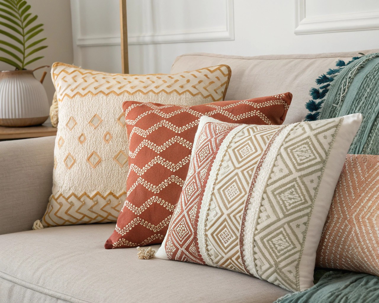 An artful mix of patterns and colors creating visual interest on a boho daybed.