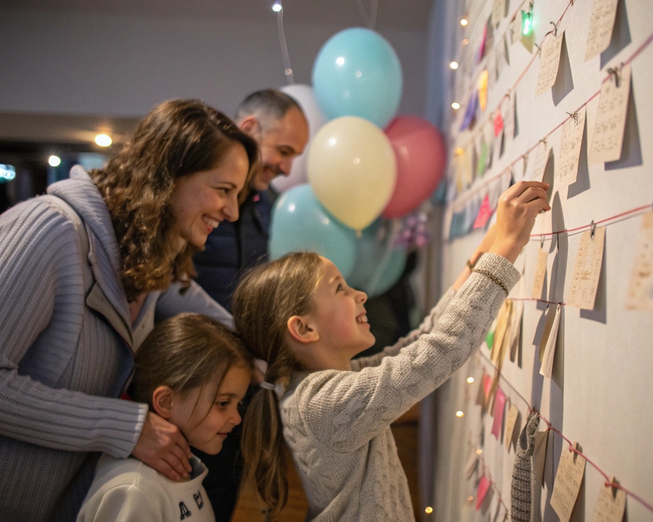 Families engage with the wall of wishes by adding personal notes and affirmations on vibrant envelopes.