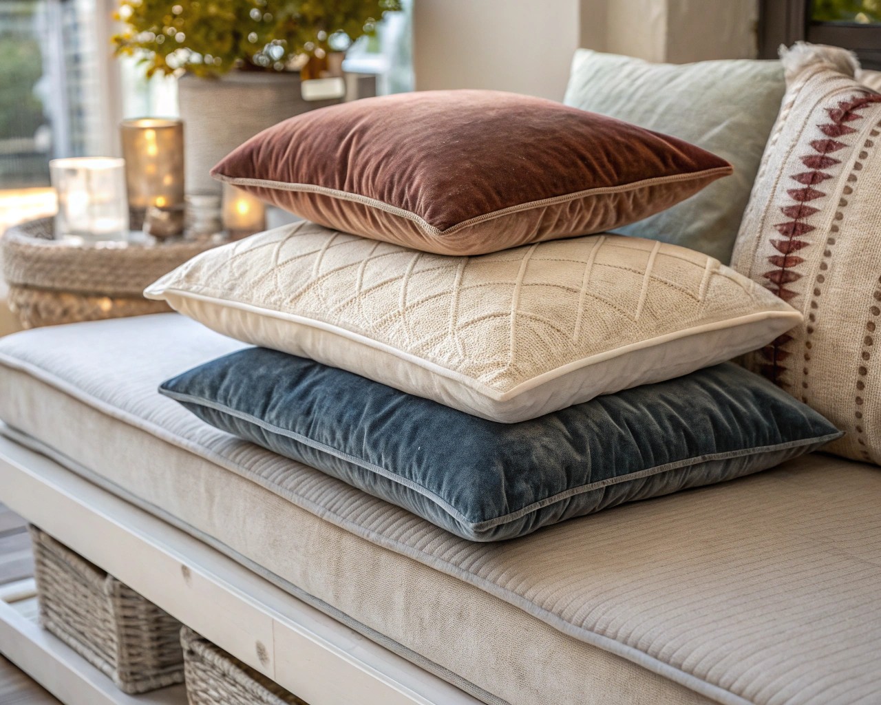 Layered pillows in various textures and patterns, creating a luxurious bohemian look.
