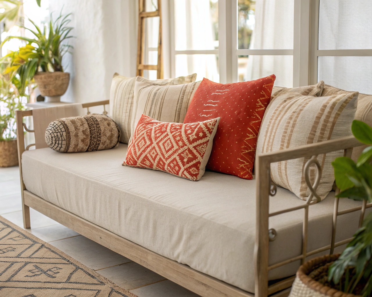 Natural, undyed linens providing a soft and calming foundation for a bohemian daybed.