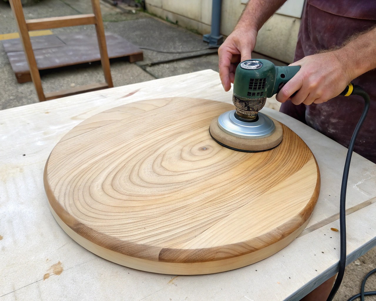 Sanding the wooden disc to ensure a smooth finish for the side table.