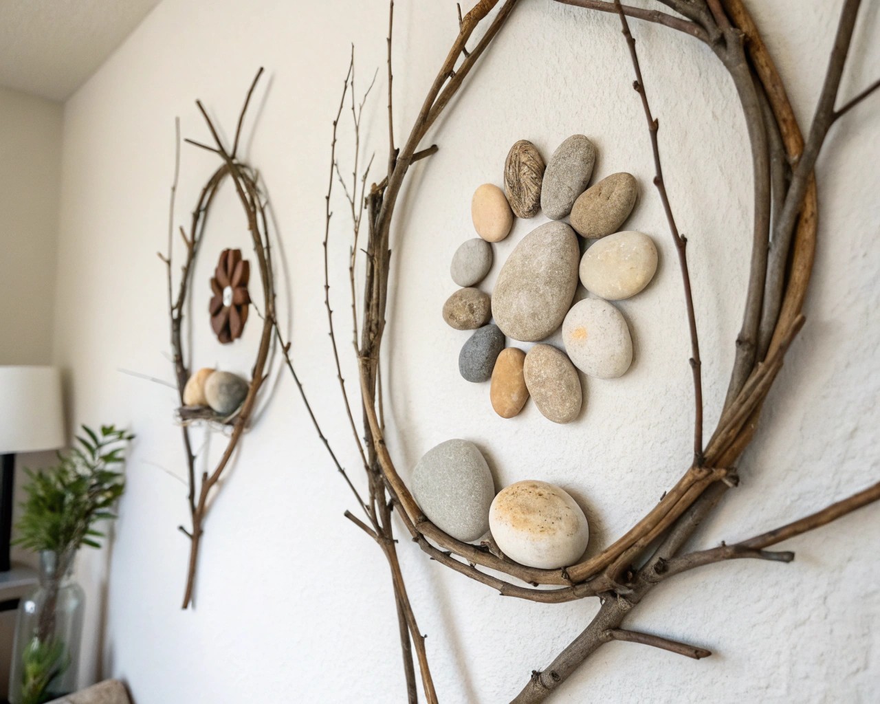 Stone and twig compositions bring minimalist natural art into modern spaces.