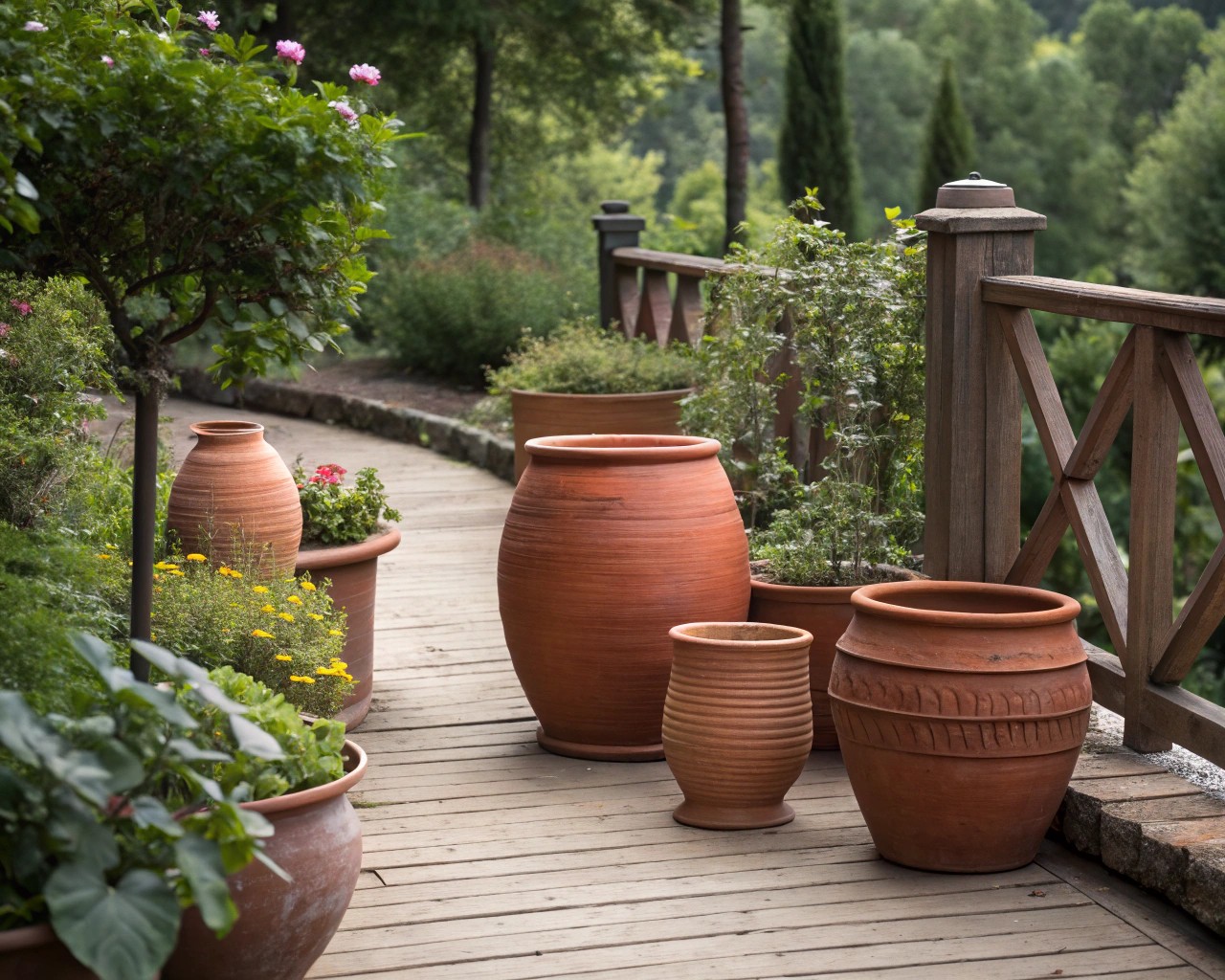 The combination of terra cotta and wood offers durability and aesthetic appeal.