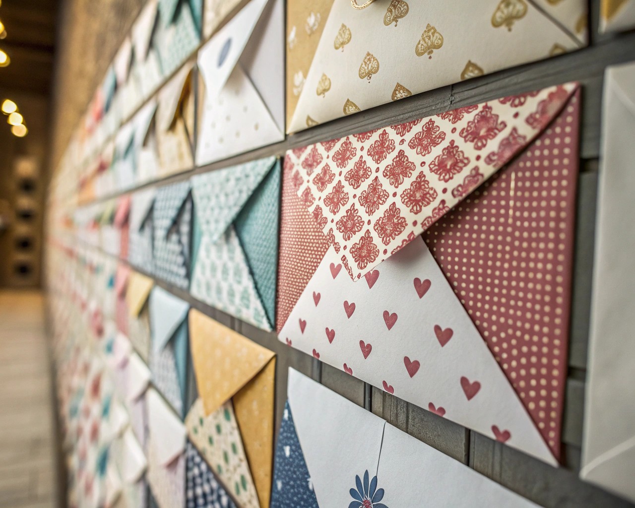 Thoughtful envelope arrangements enhance the visual appeal of the wall of wishes.
